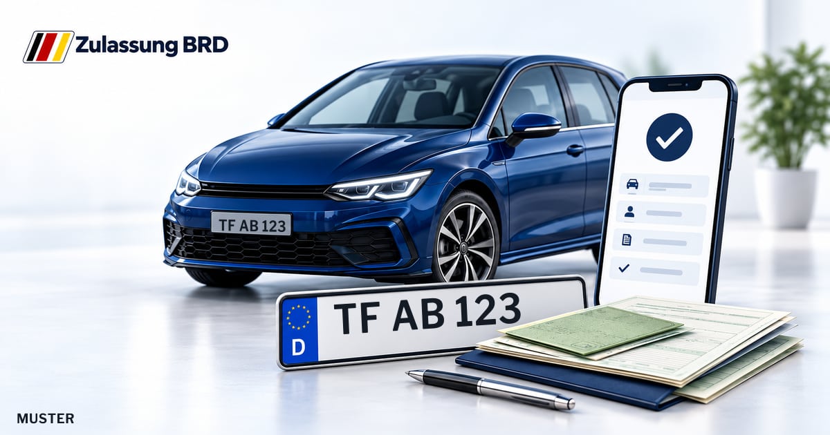 Online Fahrzeugzulassung in Landkreis Teltow-Fläming: Musterkennzeichen TF AB 123, Auto und Fahrzeugpapiere und Smartphone. Illustration mit Logo von Zulassung BRD.